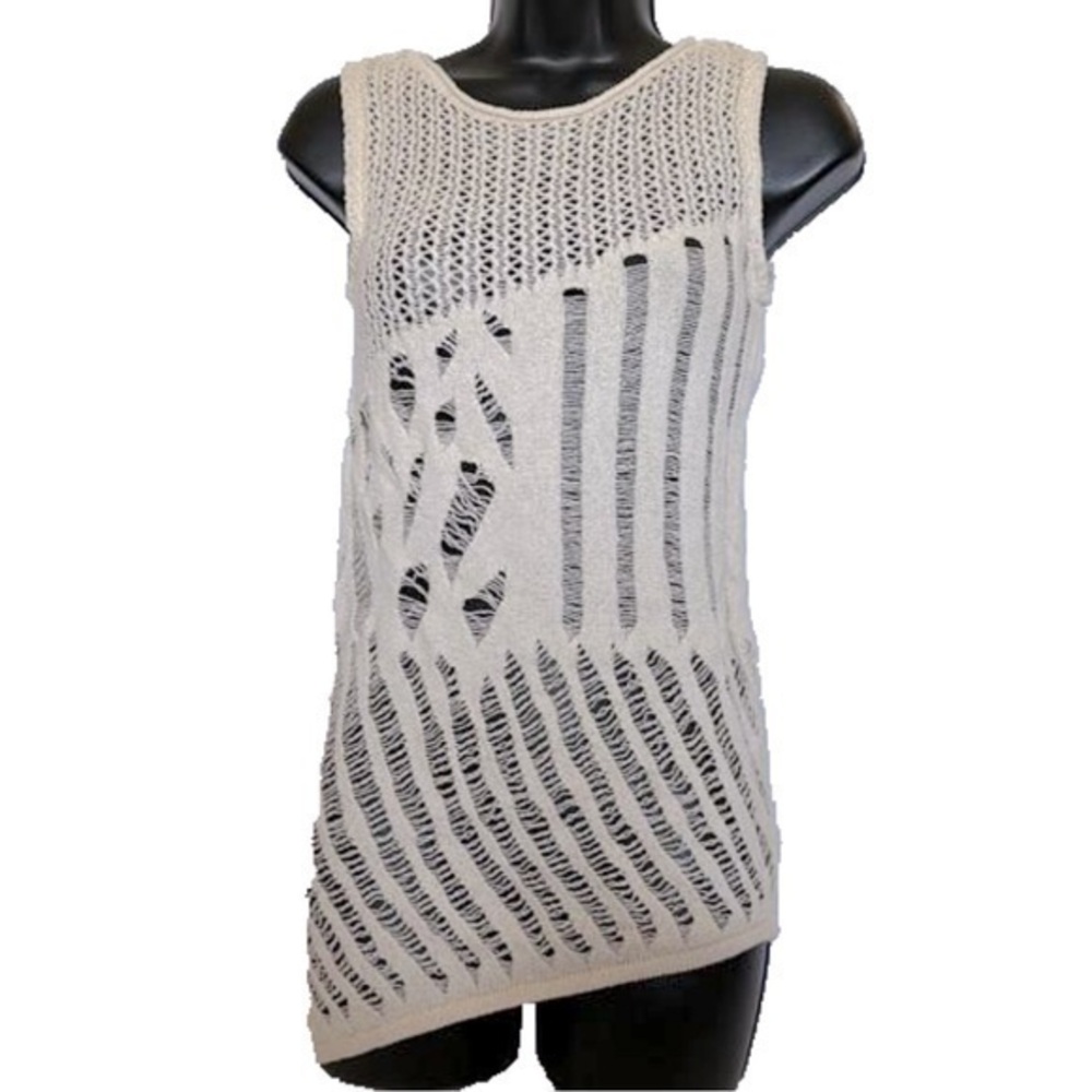 Zara cream ivory Sleeveless perforated knit tunic sweater round neck top S NWT